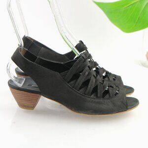 Paul Green Women Trisha Sandal Size 9 Black Nubuck Slingback Low Block Heel Shoe